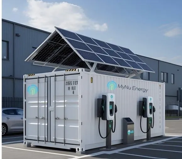 Shipping container with solar panels and chargers.
